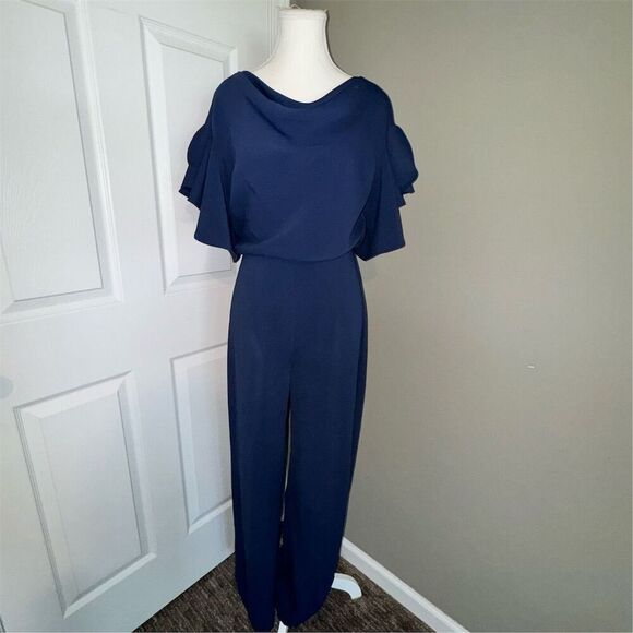 Badgley Mischka Women's Cowl Neck Flutter Sleeve Jumpsuit Navy Blue Size 4 - Picture 3 of 16
